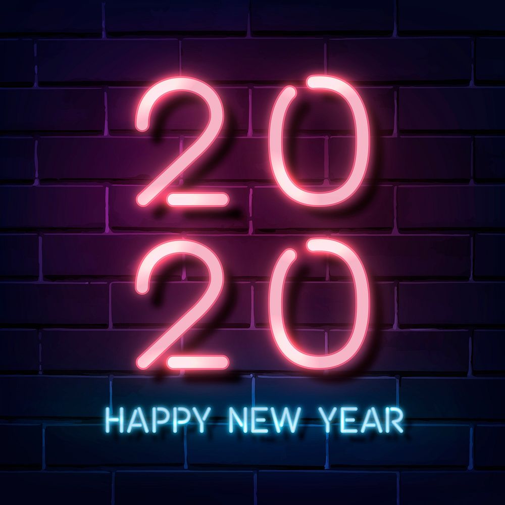Neon bright happy new year 2020 social ads template sign