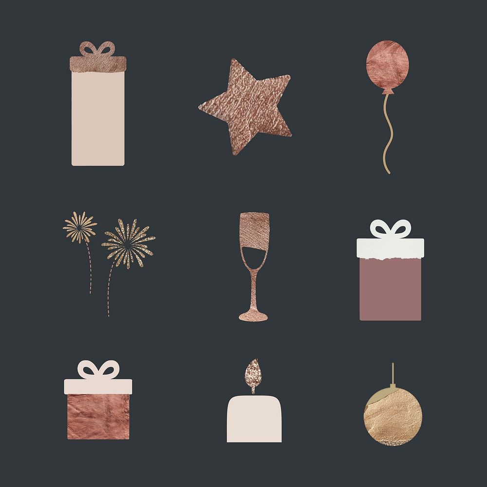 New Year gift boxes, star, balloon, fireworks, wine glass, pillar candle and gold ball doodle on black textured background…
