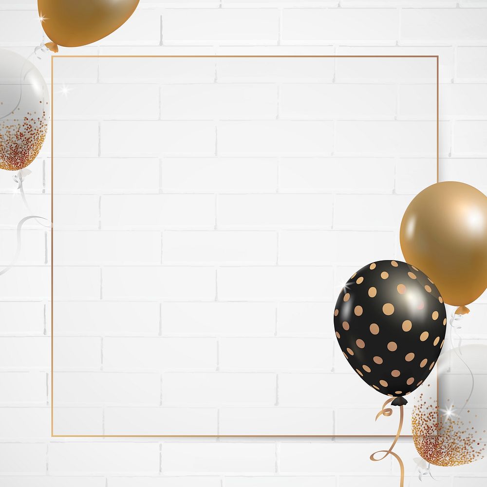 Festive party balloons frame psd with brick background