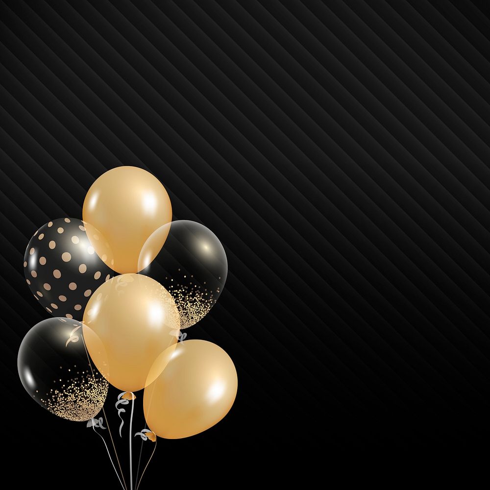 Festive golden black balloons psd in black background