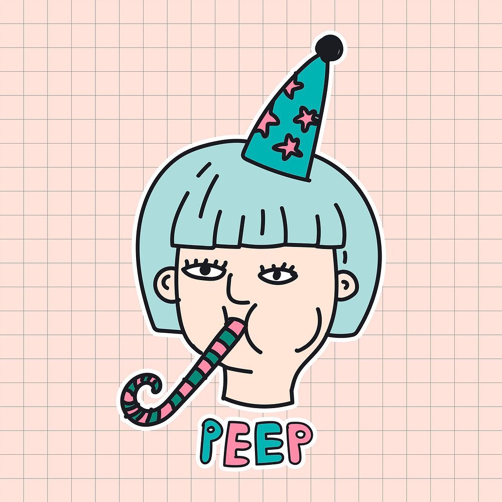 Hand drawn woman with a party blower sticker illustration
