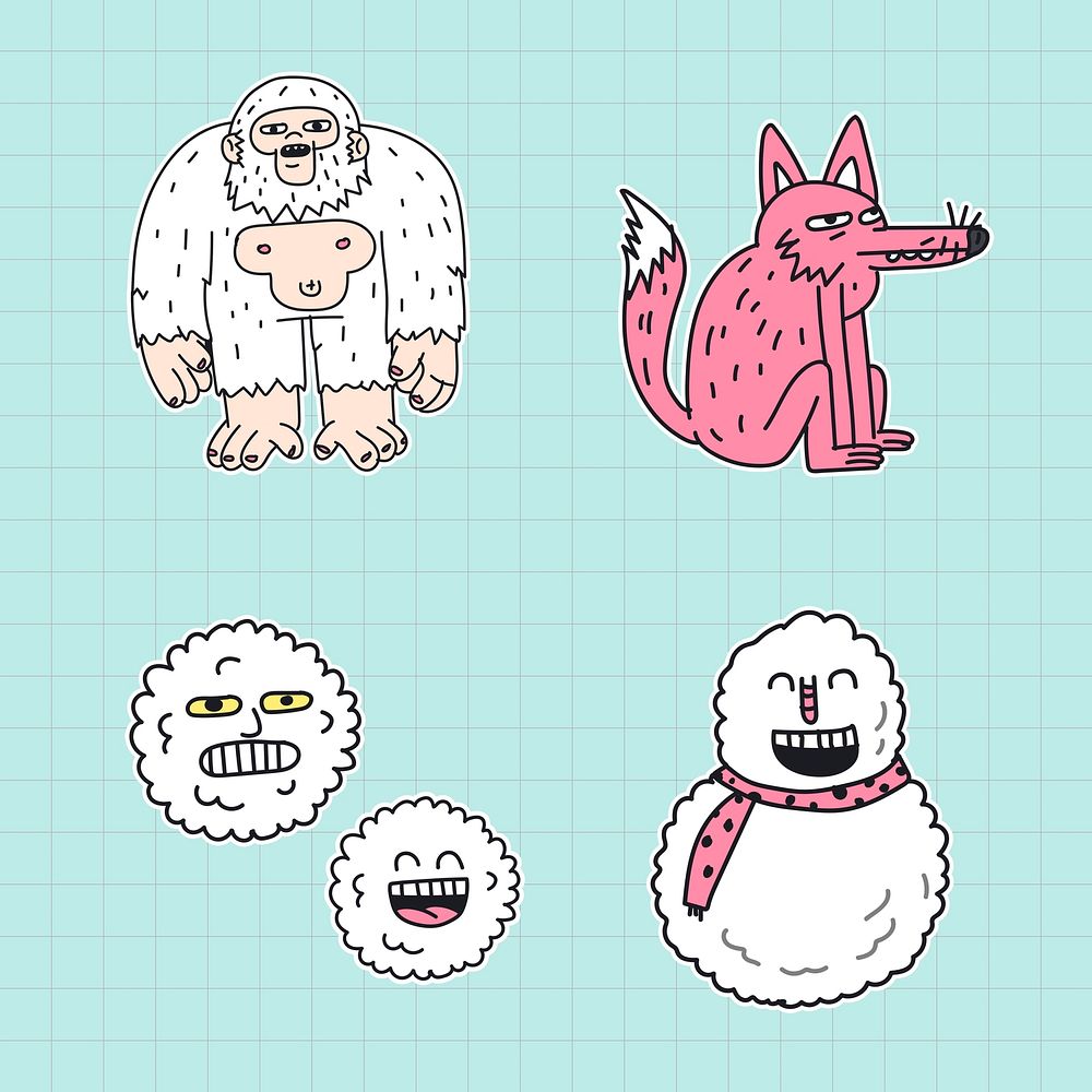 Hand drawn winter character stickers collection illustration