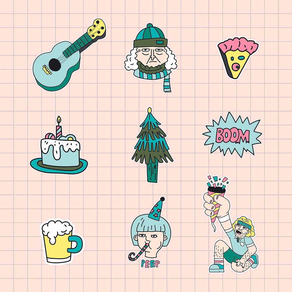 Hand drawn festive stickers collection illustration