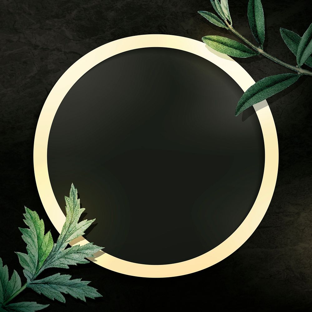 Round gold frame with green leaves on black background vector