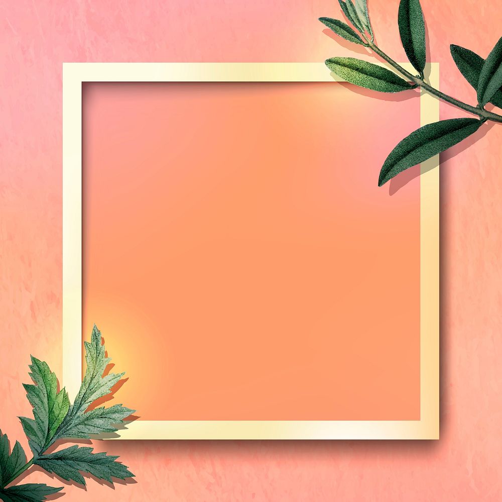 Square gold frame with green leaves on orange background vector