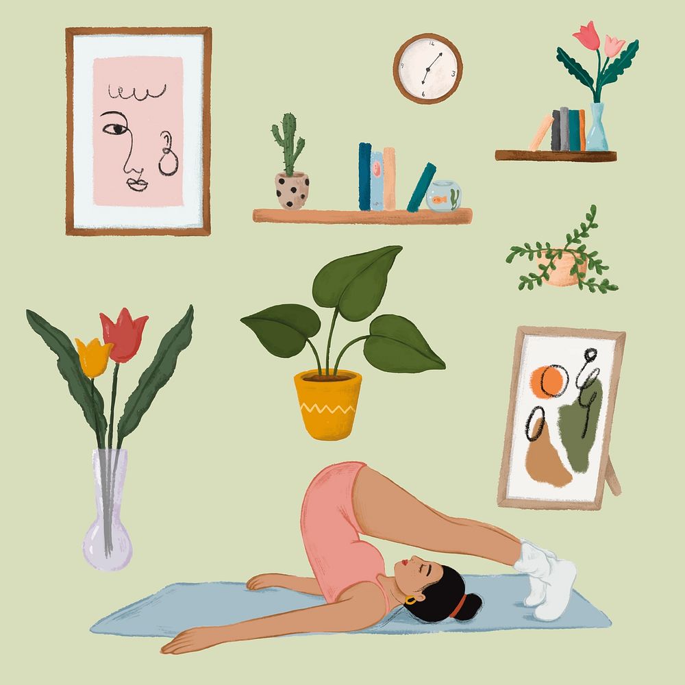 Daily routine life of a girl doing a Halasana yoga pose and home stuffs sticker vector