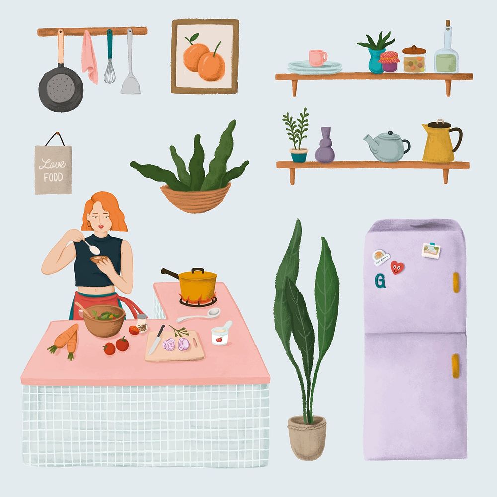 Daily routine life of a girl cooking in a kitchen and home stuffs sticker vector