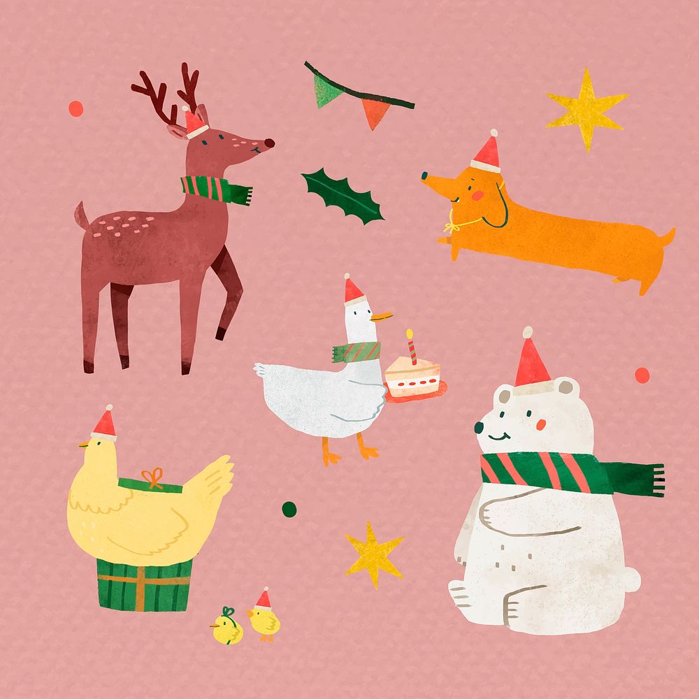Cute Christmas animals element set vector