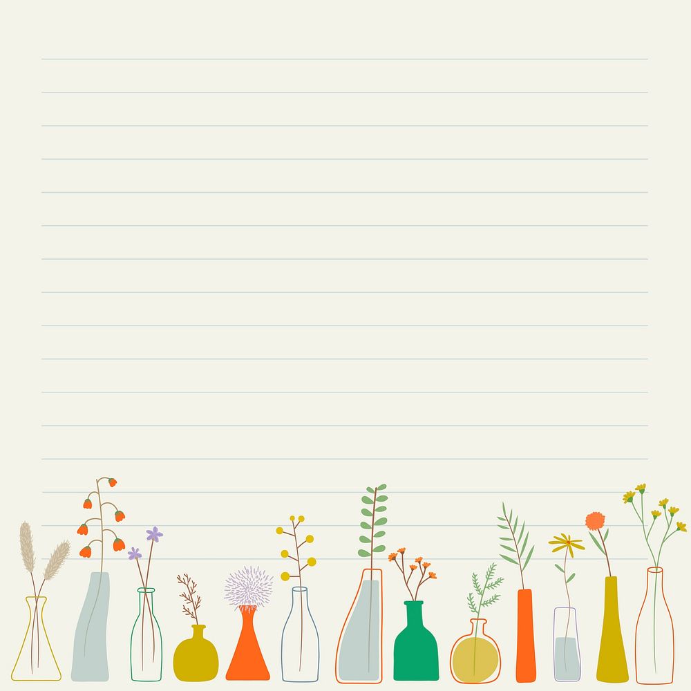 Doodle flowers in vases note paper template vector