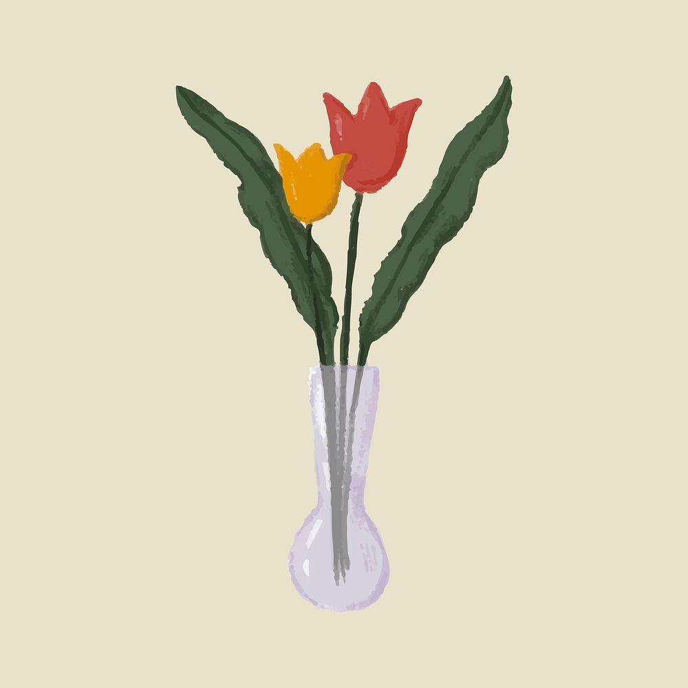 Red and yellow tulips in a glass vase sketch style vector