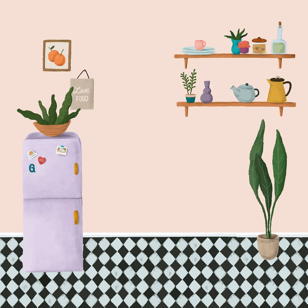 Purple fridge in a peach pink kitchen sketch style vector