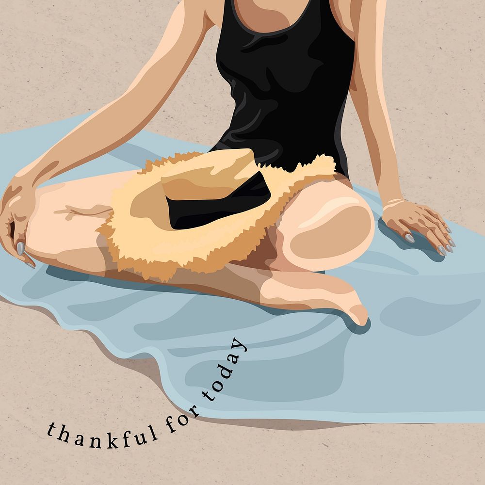 Girl sitting on a beach towel with a straw hat in her lap vector