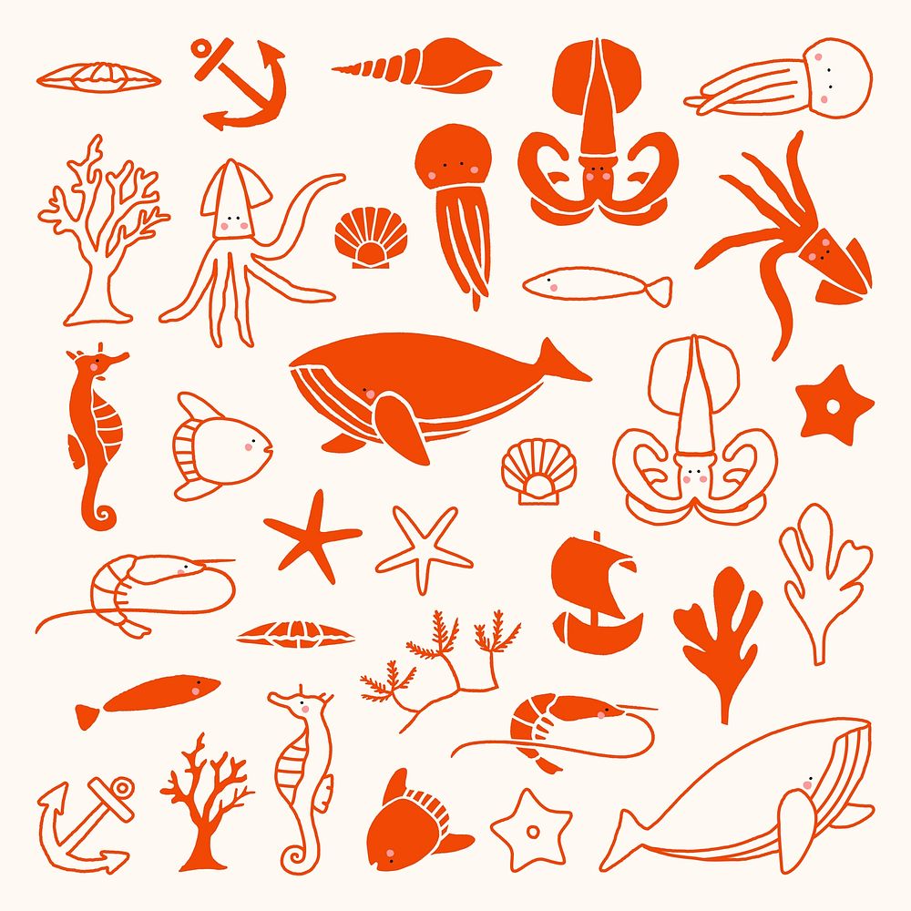 Hand drawn underwater animal collection vector