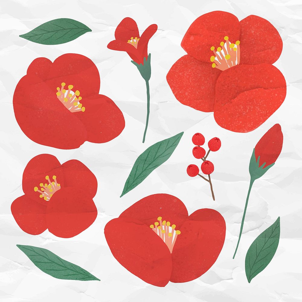 Red flower element set on a crumpled white paper background vector