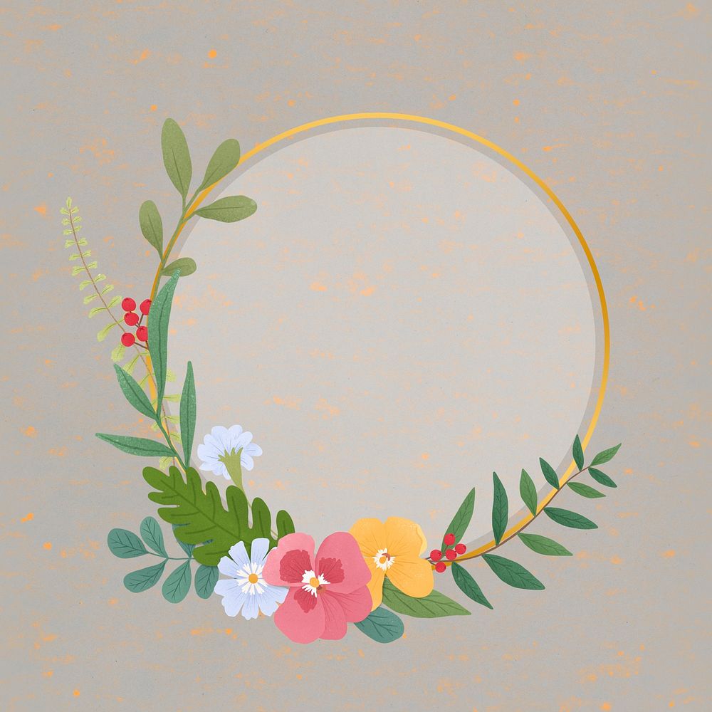 Round gold frame decorated with flowers on brown background illustration