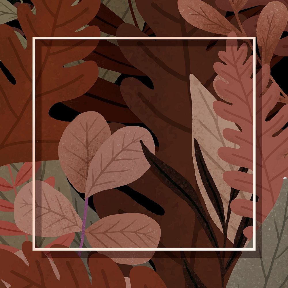 Square gold frame on autumnal leaves patterned background illustration