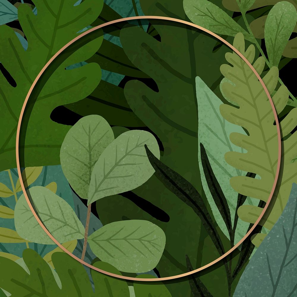 Round gold frame on green leaves patterned background illustration