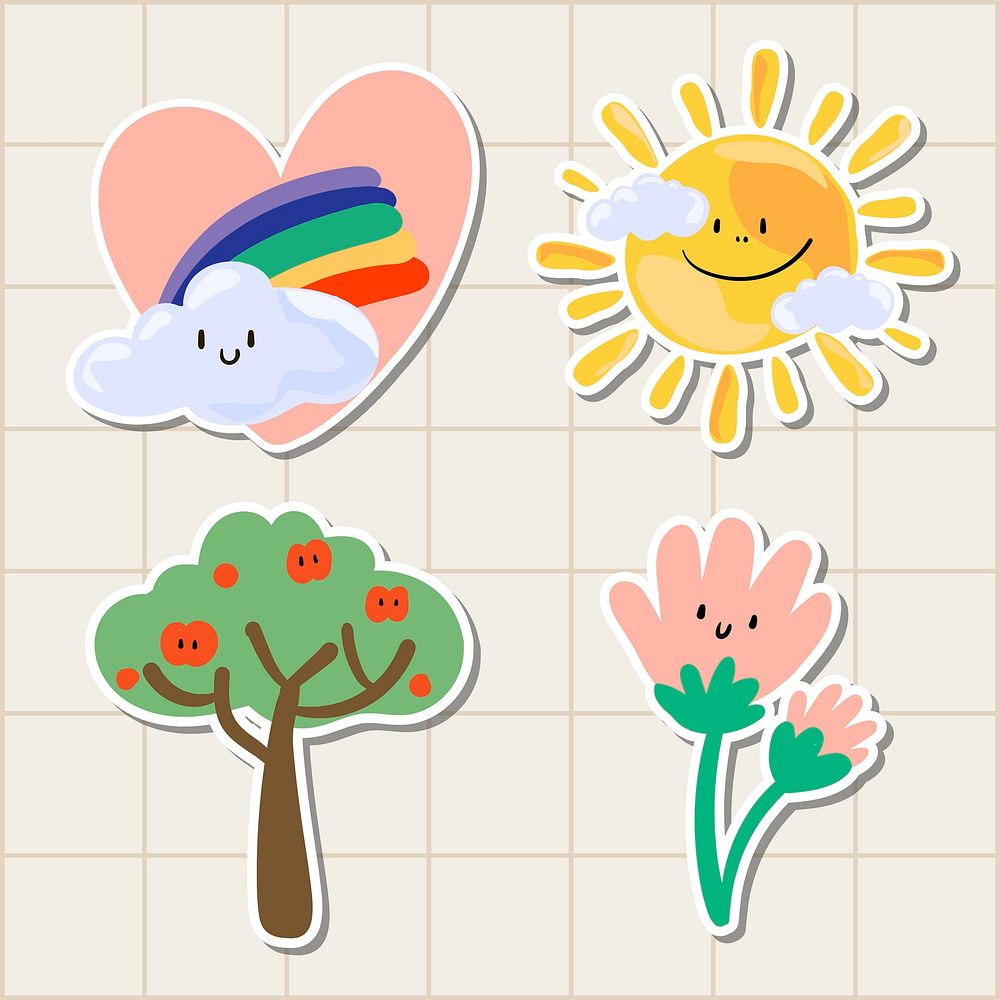 Cute natural doodle sticker set on a grid background illustration