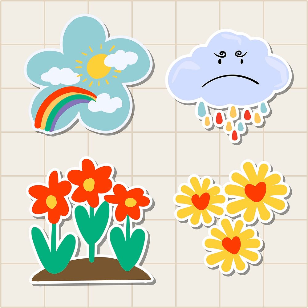 Cute natural doodle sticker set on a grid background vector