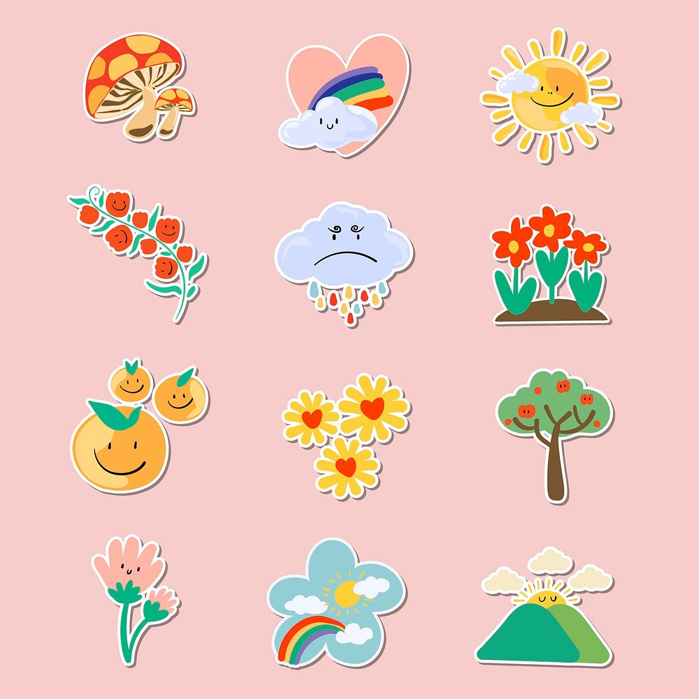 Cute natural doodle sticker set on a pink background vector