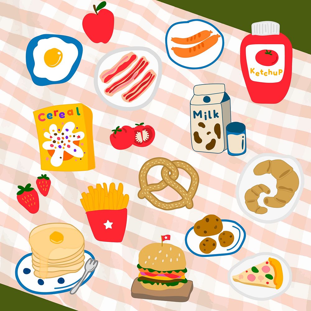 Cute food doodle sticker set  vector