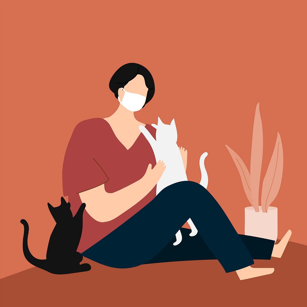 Woman in quarantine playing with her cats vector 