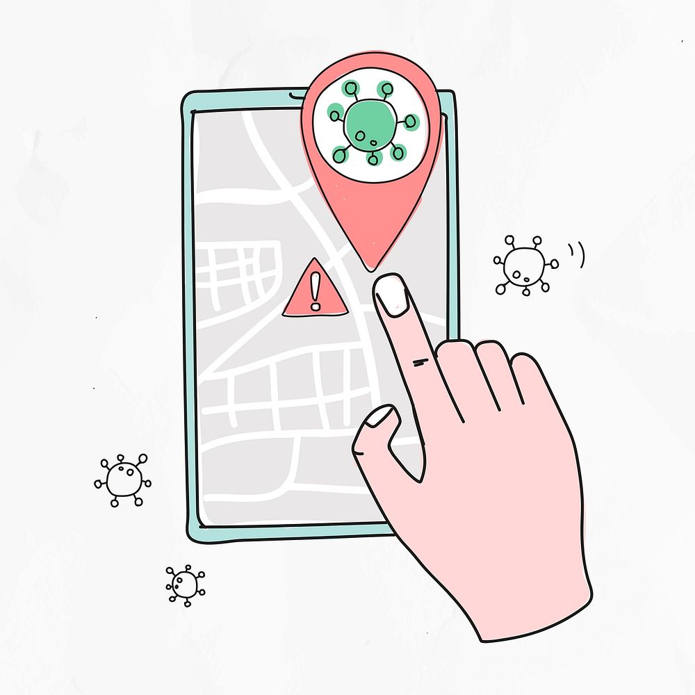 COVID-19 tracking app psd new normal lifestyle doodle illustration