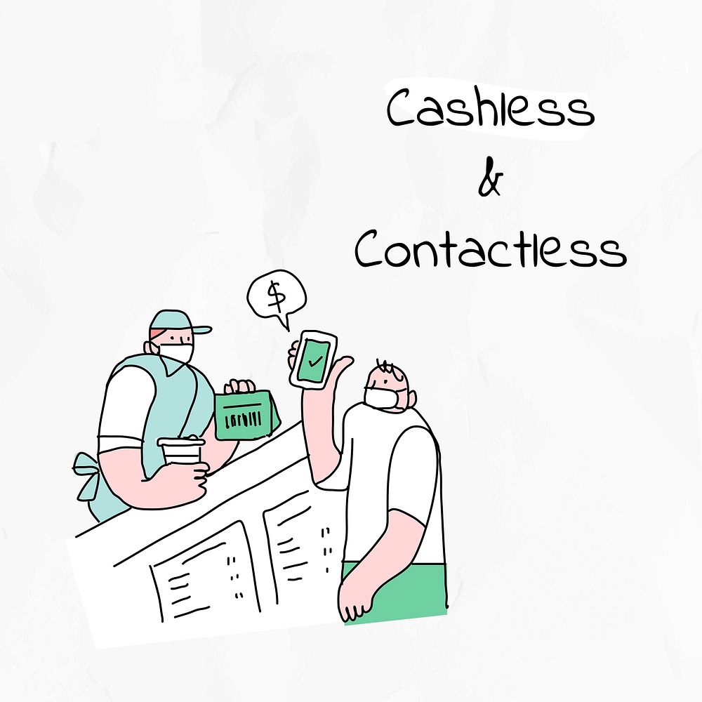 Cashless & Contactless payment vector new normal lifestyle doodle social media post