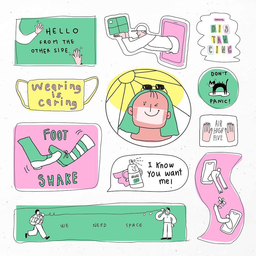 COVID-19 new normal lifestyle psd cute doodle sticker collection