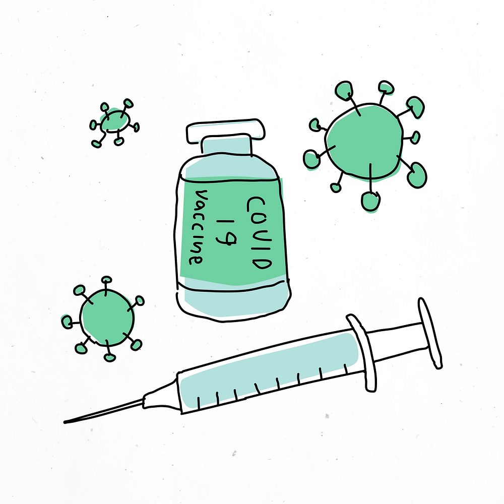 Covid 19 vaccine doodle illustration bottle with needle doodle for clinical trial
