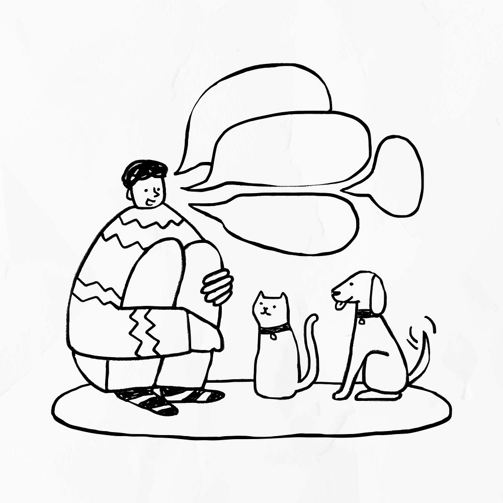 Man talking to pets during coronavirus quarantine doodle element vector
