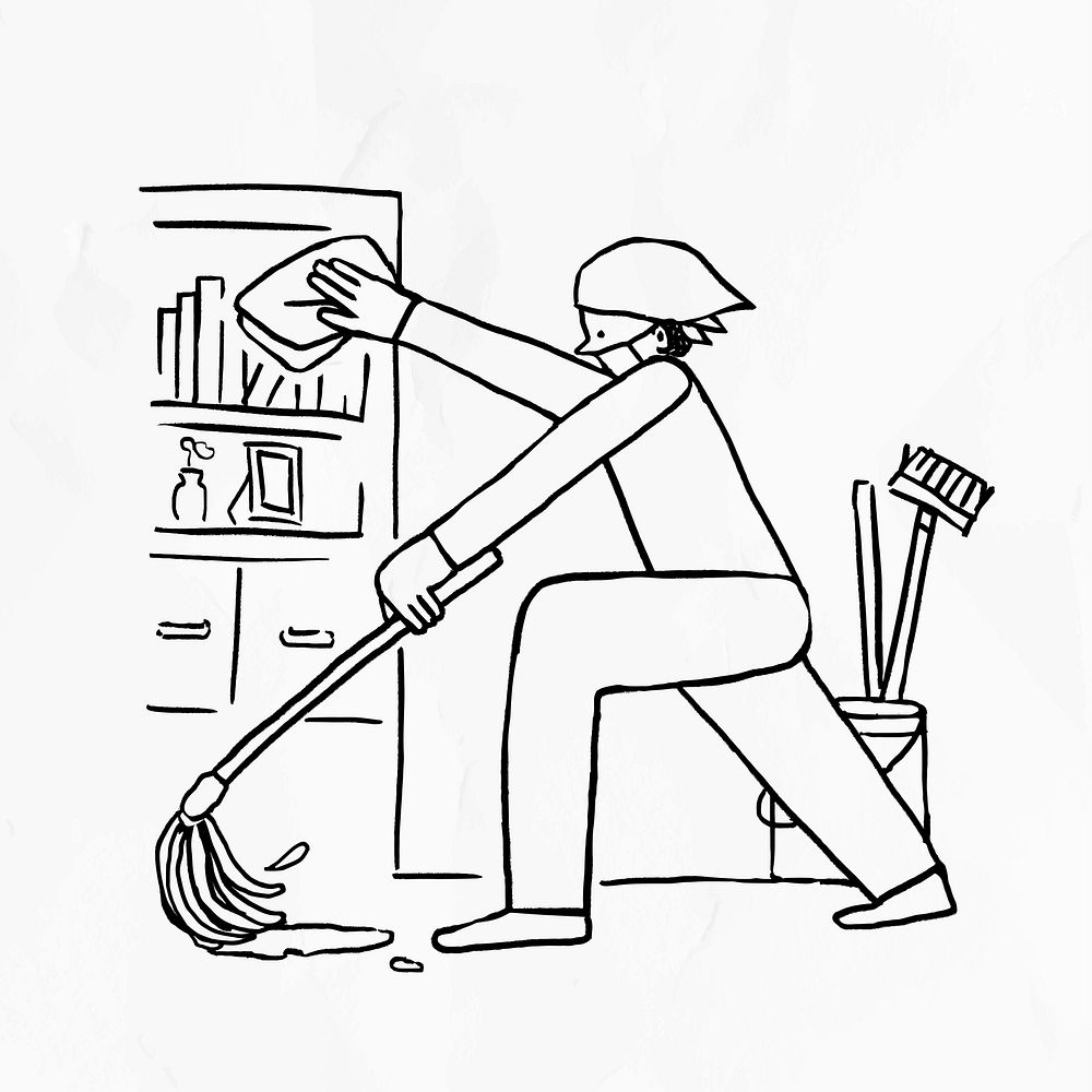 Woman cleaning her house during coronavirus quarantine element doodle vector