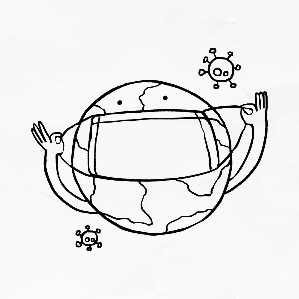 Planet earth wearing a face mask against coronavirus pandemic element doodle vector