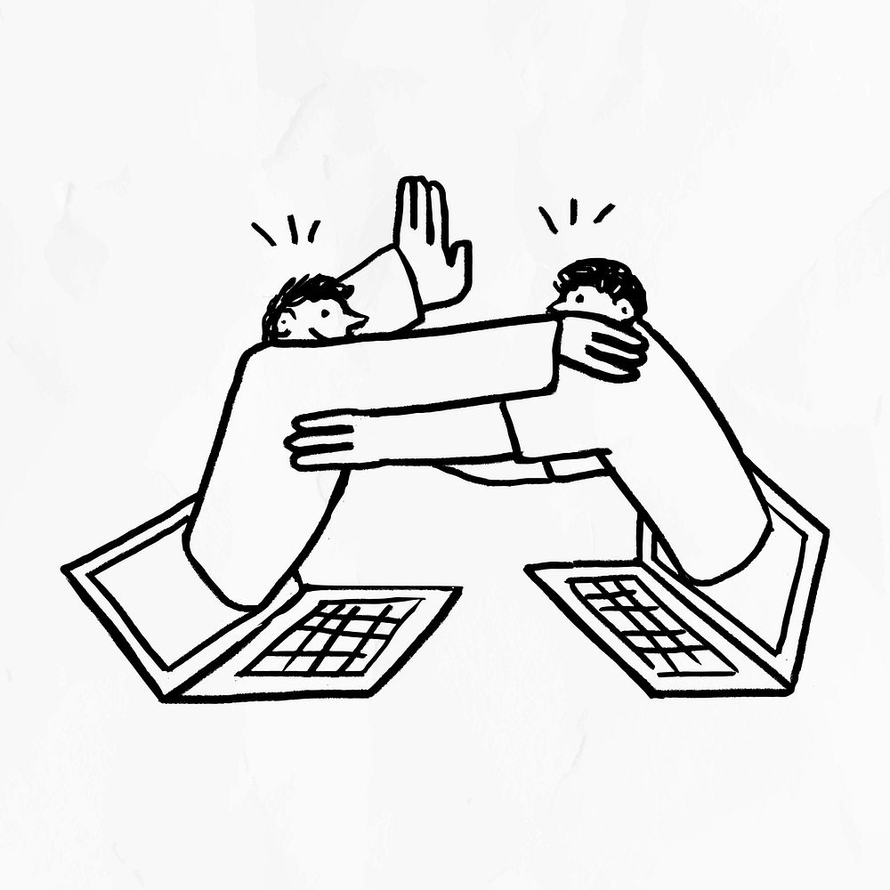 Hugging friends via social media due to COVID-19 doodle element vector