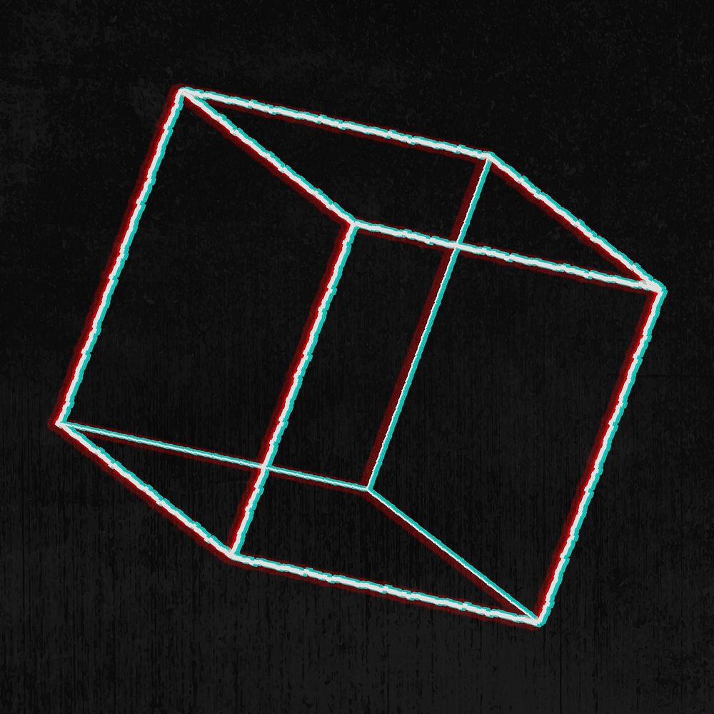 3D geometric cube with glitch effect on a black background
