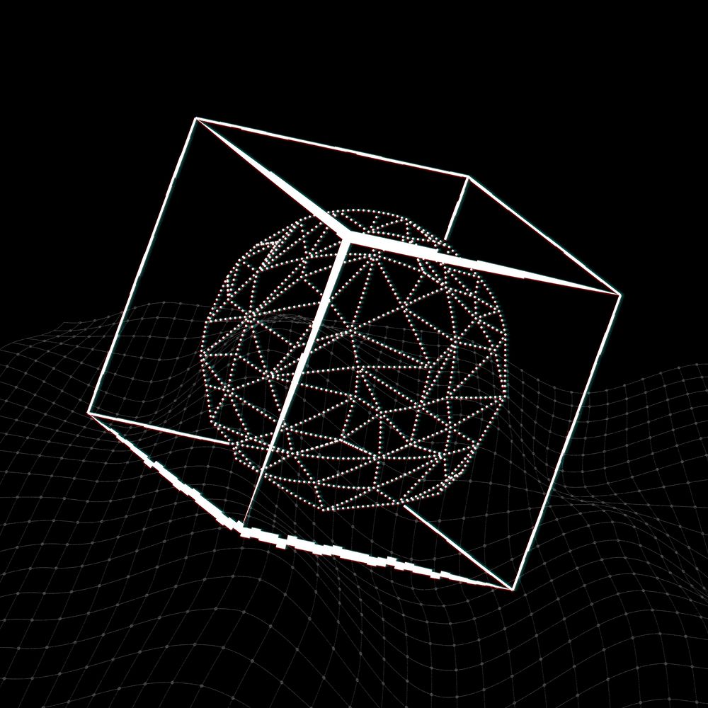3D icosahedron in a cube with glitch effect on a black background
