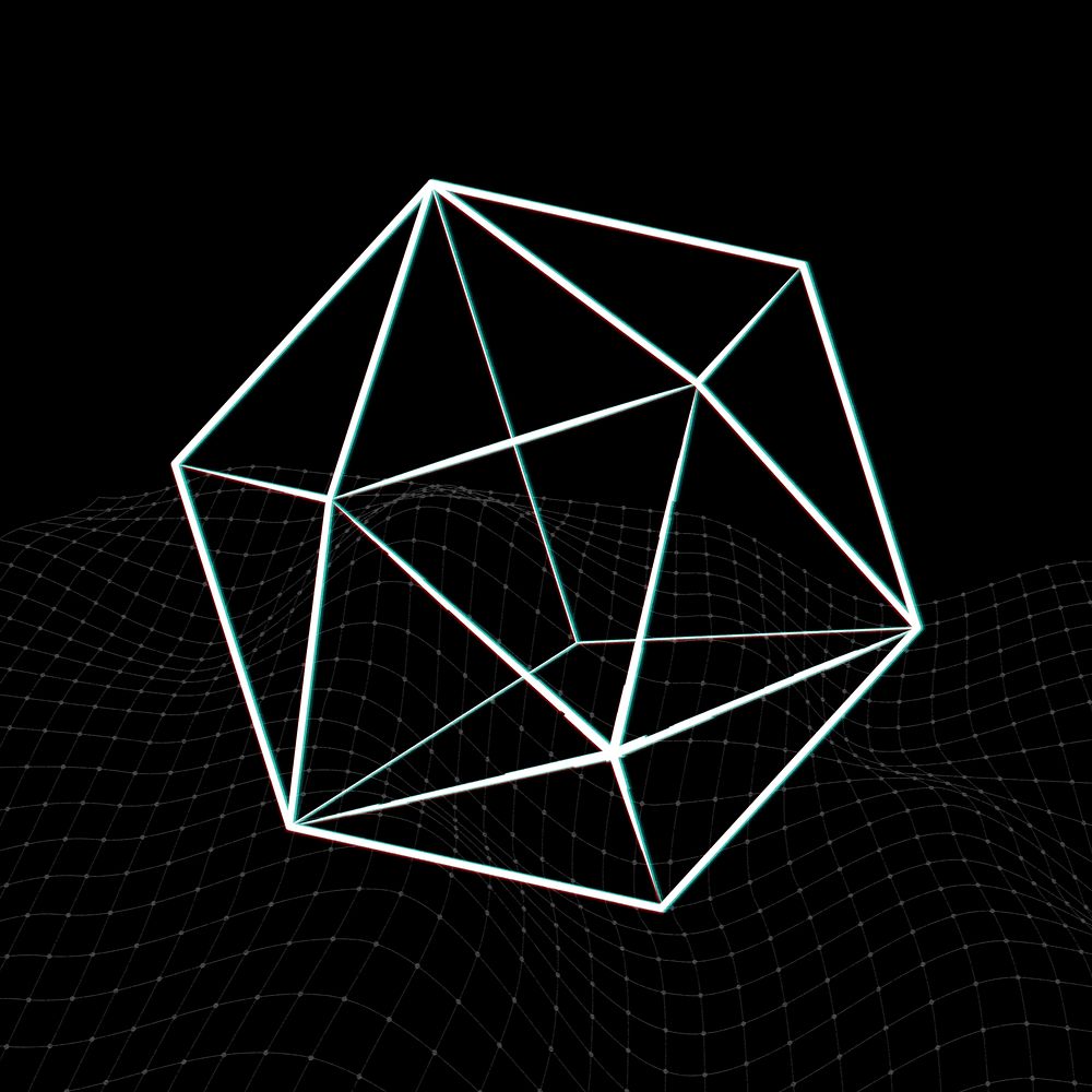 3D icosahedron with glitch effect on a black background 