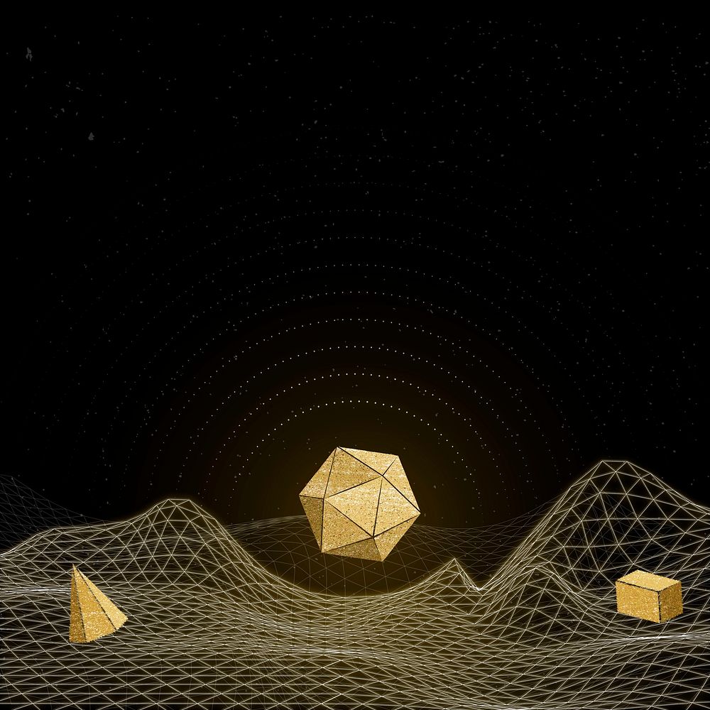 Glittery gold neon geometric shapes on a wireframe wave patterned background