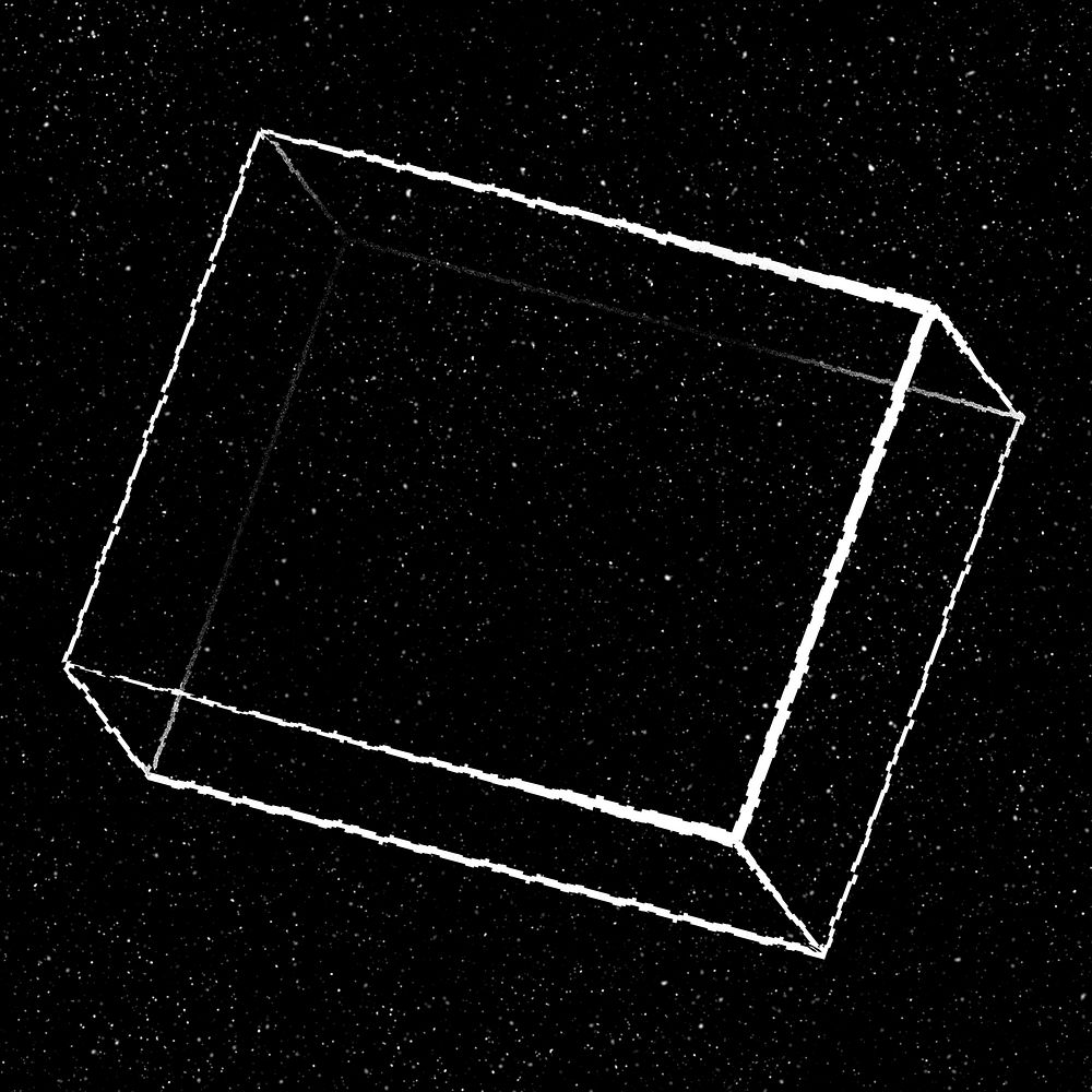 Distorted 3D flat cuboid outline on a starry background