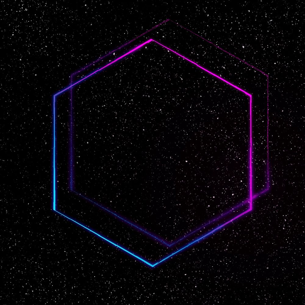 Neon purple geometric hexagon on a starry background