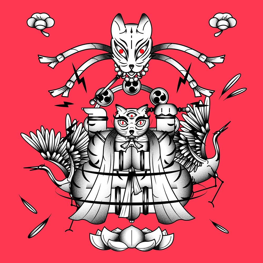 Bakeneko with Raijin drums, Japanese monster cat element on a redbackground vector
