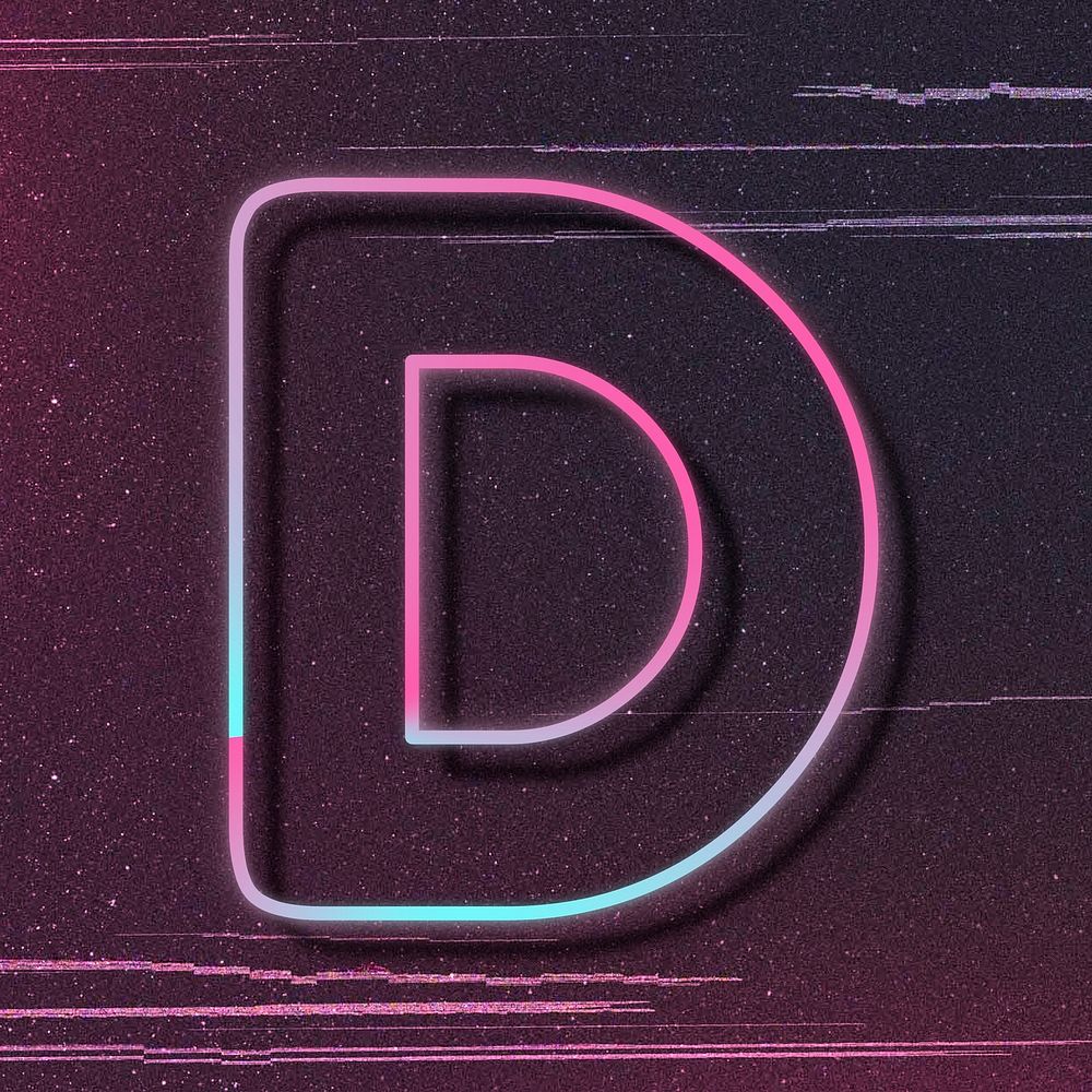 Pink neon glow letter D psd font typography