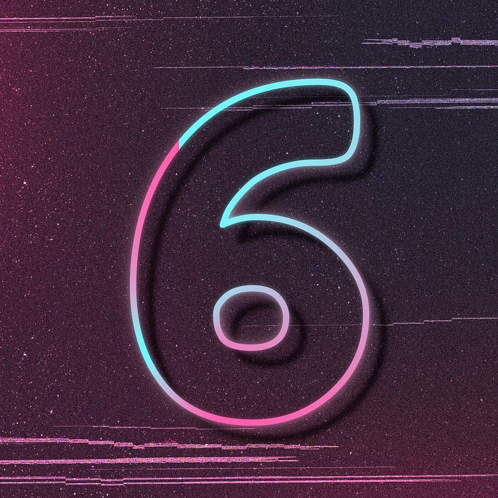 Number 6 pink neon font typography psd
