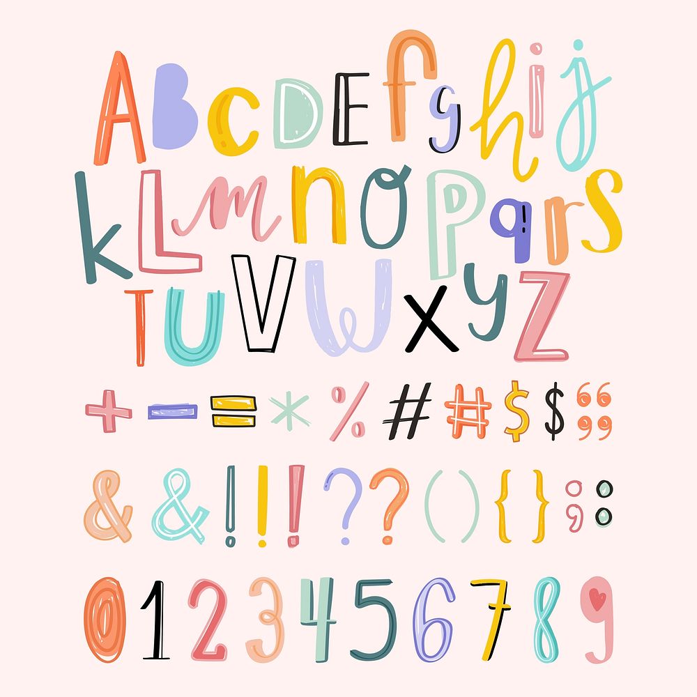 Alphabets, punctuations, numbers doodle typography set vector