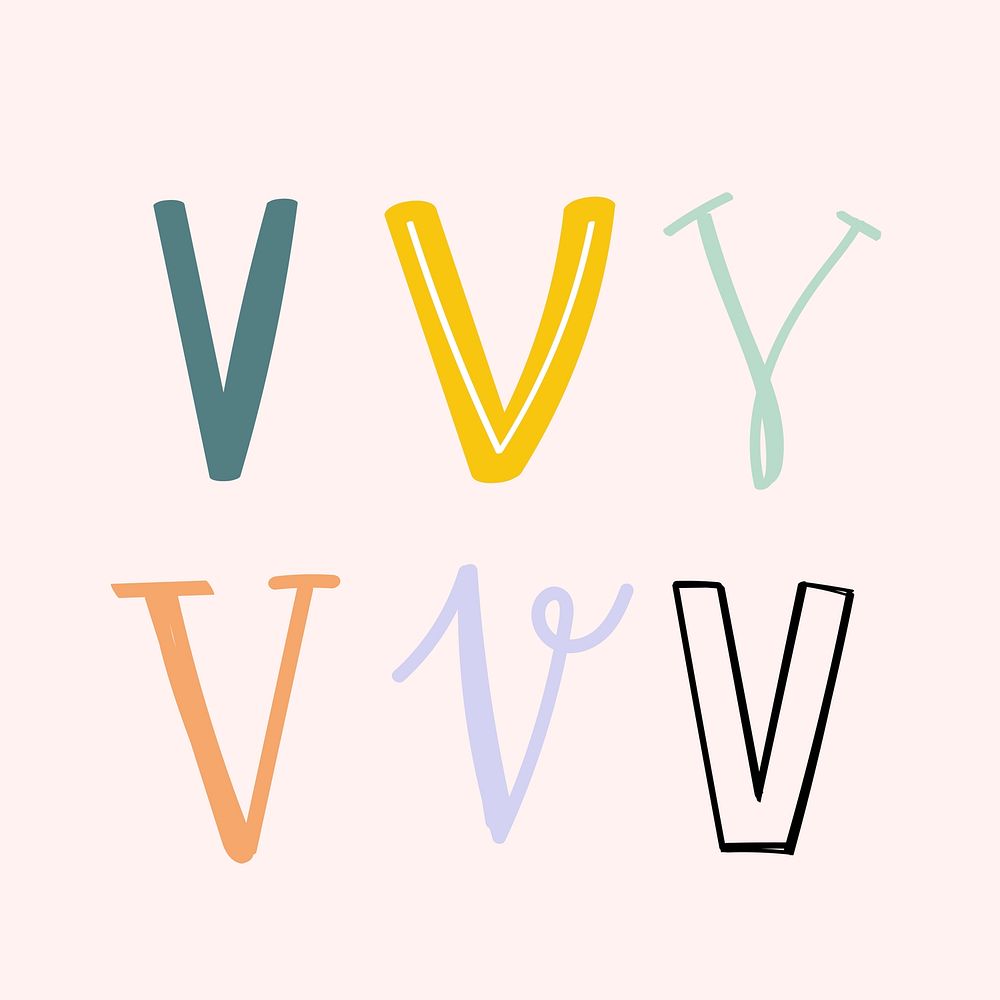 Letter V doodle font typography set vector