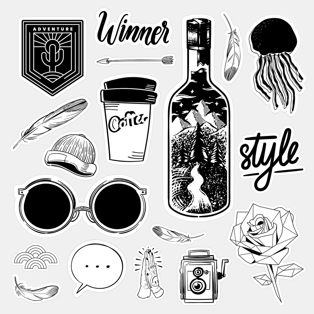 Set of black and white sticker doodle vector