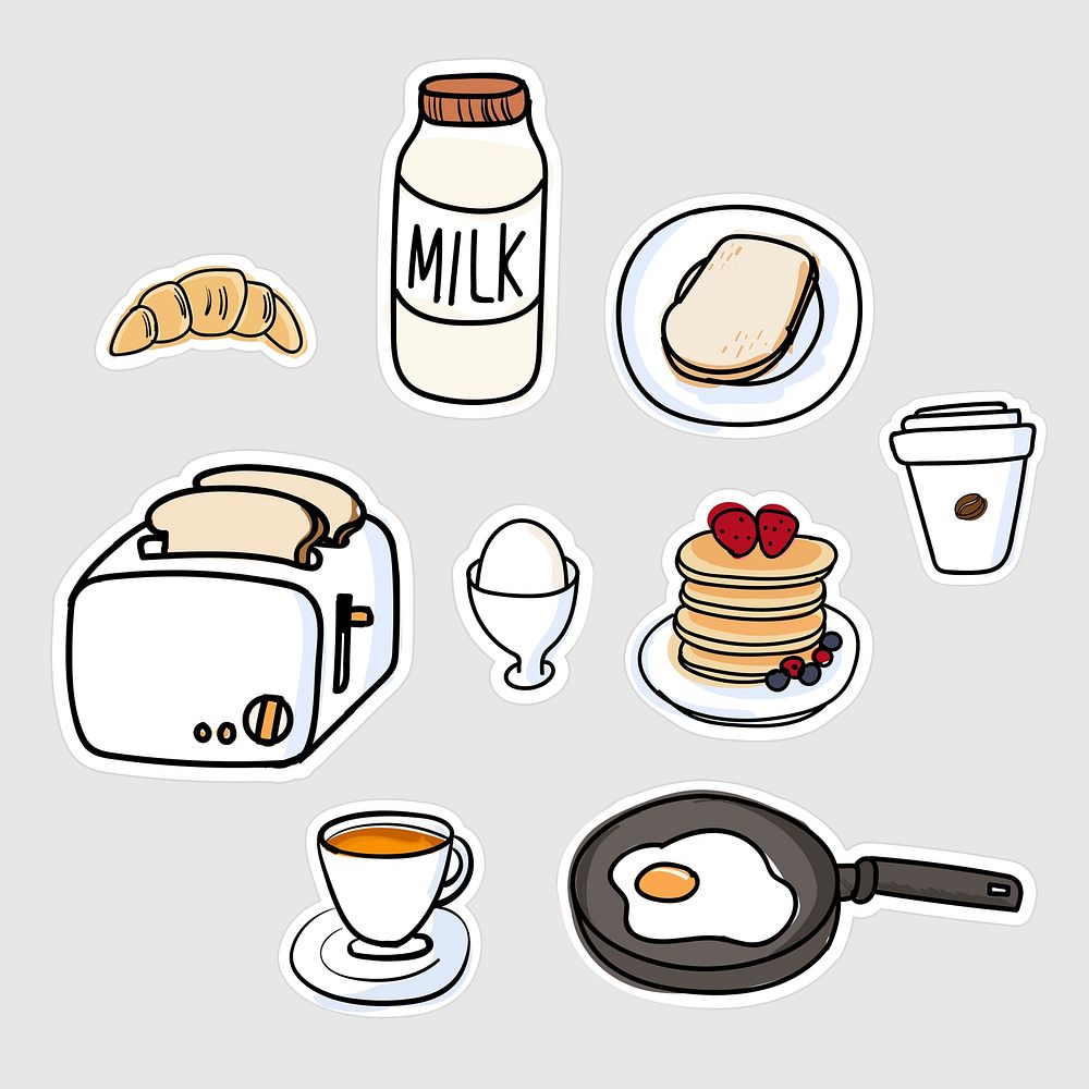 Set of breakfast sticker doodle vector