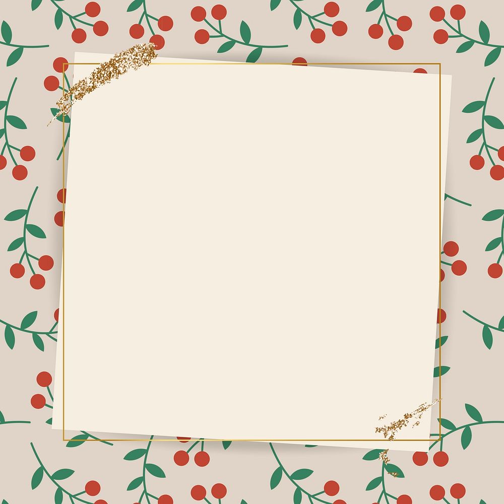 Gold frame on red berry pattern background vector