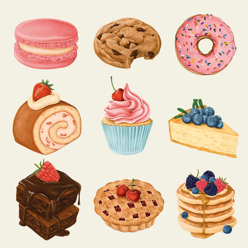 Delicious hand painted desserts vector set
