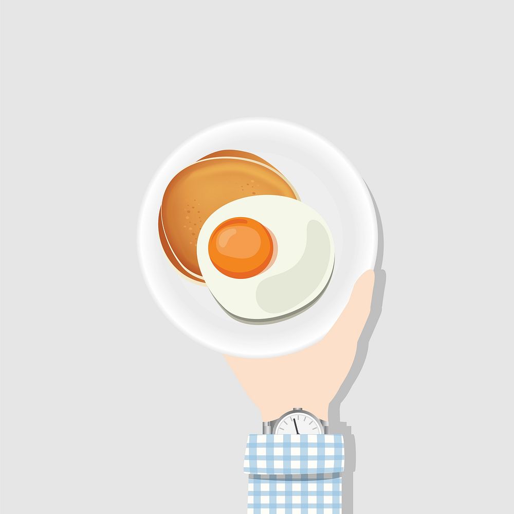 Illustration of a hand holding a plate of pancakes and egg